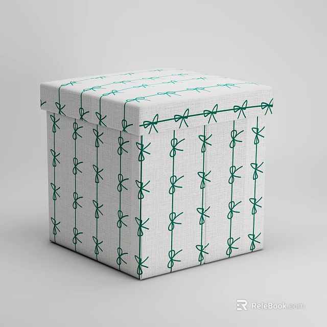 Modern Cube Shaped White Fabric Stool With Green Decorative Knot Patterns 3d model 