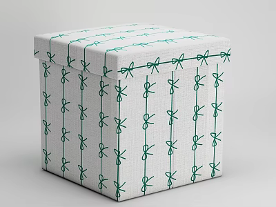 Modern Cube Shaped White Fabric Stool With Green Decorative Knot Patterns 3d model