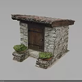 Small Stone Building with Wooden Door Tiled Roof and Side Planters with Greenery