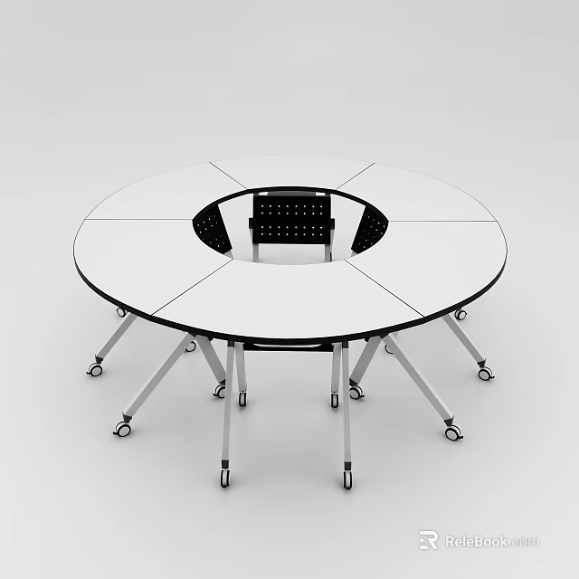 Round Modular Conference Table With Black Center Design Silver Legs And Wheels 3d model 