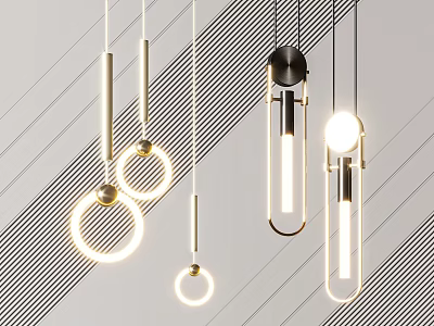 Modern Pendant Lights With Circular And Cylindrical Designs Glowing In Contemporary Interior 3d model