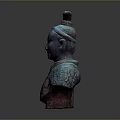Terracotta Sculpture Carving Bust With Blue Brown Hue Hair Bun And Armor Decorative Patterns