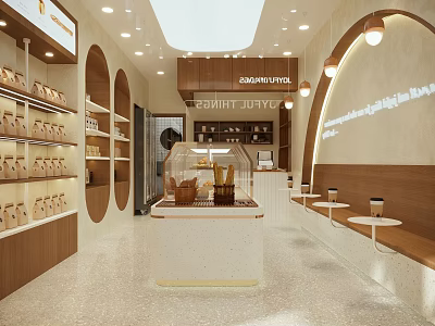 Modern Minimalist Dessert Shop Interior With Glass Display Case Wooden Shelves And Pendant Lighting 3d model