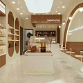Modern Minimalist Dessert Shop Interior With Glass Display Case Wooden Shelves And Pendant Lighting