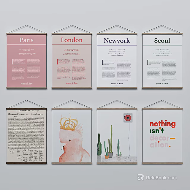 Hanging Wall Posters With City Names And Diverse Design Elements 3d model