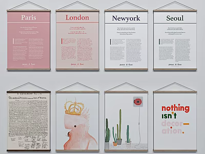 Hanging Wall Posters With City Names And Diverse Design Elements 3d model