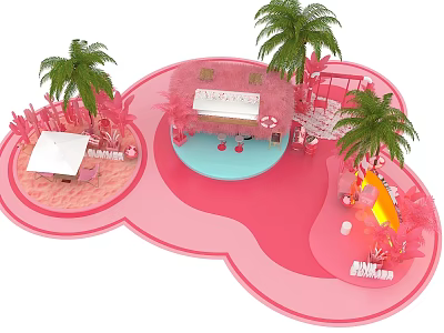 Pink Themed Leisure Space With Palm Trees Blue Pool White Tent Circular Design And Sand 3d model