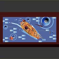 Colorful Model Scene With Red Ship Airplanes Blue Water And White Tower