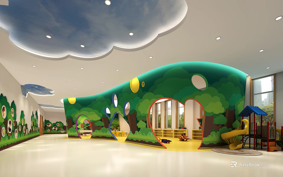 Kindergarten Interior With Green Forest Theme Wall Tree Hole Windows Slide And Toys 3d model 
