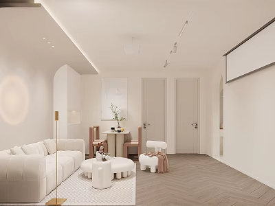 Modern Open Living Dining Room With White Sofa Round Rug Wooden Table And Projector Screen 3d model