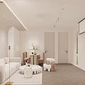 Modern Open Living Dining Room With White Sofa Round Rug Wooden Table And Projector Screen