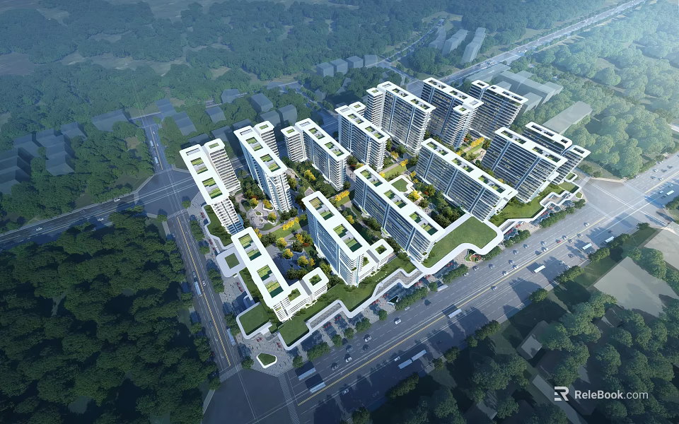 Aerial View Planning of Modern Residential Buildings with Greenery and Road Layout 3d model 