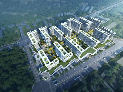 Aerial View Planning of Modern Residential Buildings with Greenery and Road Layout 3d model