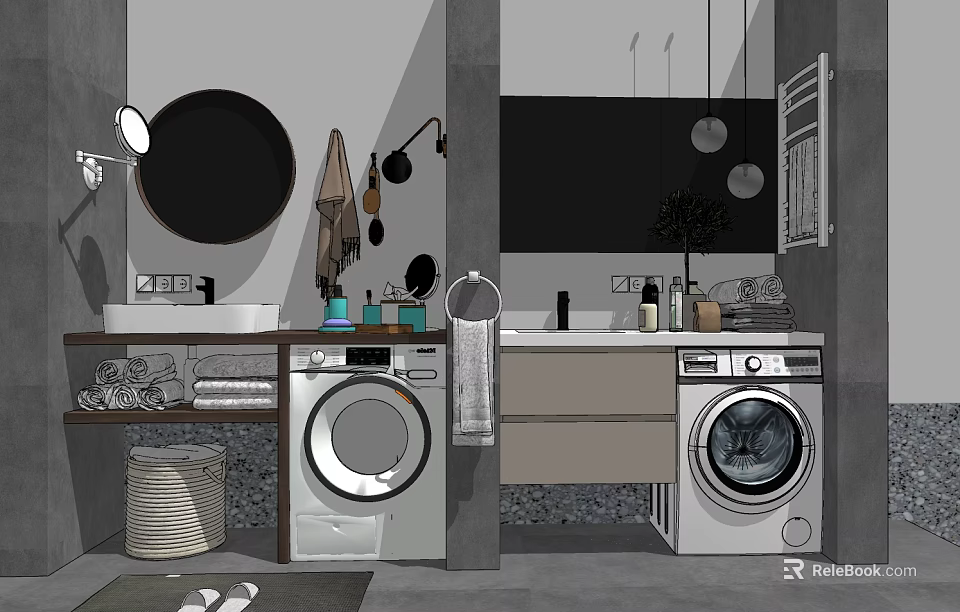 Modern Bathroom Interior Design With Washbasin Washing Machine Mirror And Towel 3d model 