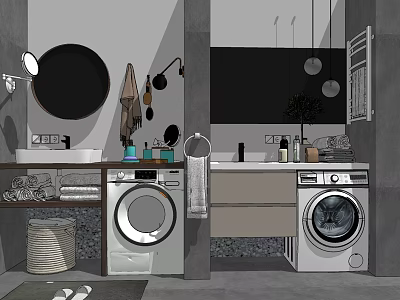 Modern Bathroom Interior Design With Washbasin Washing Machine Mirror And Towel 3d model