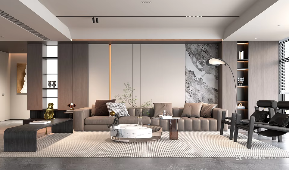Modern Living Room With Gray Sofa Round Coffee Table Wooden Wall And Floor Lamp Artwork 3d model 