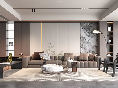 Modern Living Room With Gray Sofa Round Coffee Table Wooden Wall And Floor Lamp Artwork 3d model