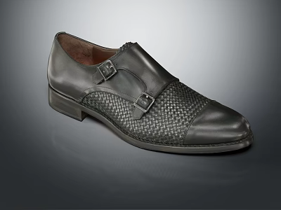 Black Leather Dress Shoes With Woven Detail And Double Buckle Straps 3d model