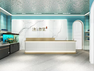 Modern Fish Specialty Store Interior With Fish Tank Reception Counter And Marble Wall 3d model