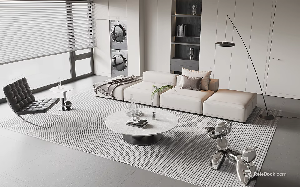 Modern Living Room Sofa And Round Coffee Table With Striped Rug Floor Lamp And Window 3d model 