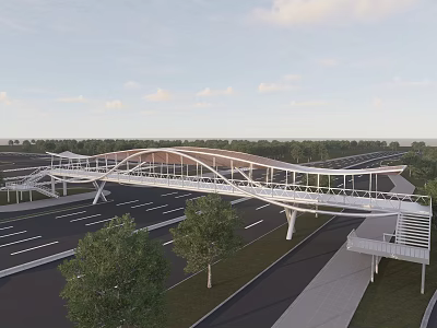 Modern White Steel Bridge Spanning Road With Trees And Clear Sky 3d model