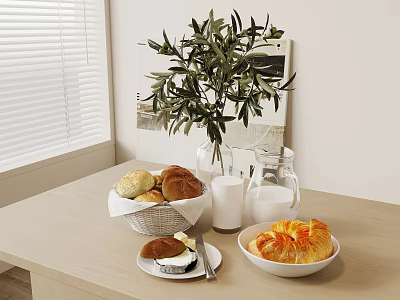 Breakfast Table With Bread Croissant And Milk Jugs 3d model