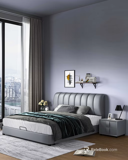 Modern Double Bed with Tufted Headboard and City View Window Nightstand Lamp and Wall Art 3d model 