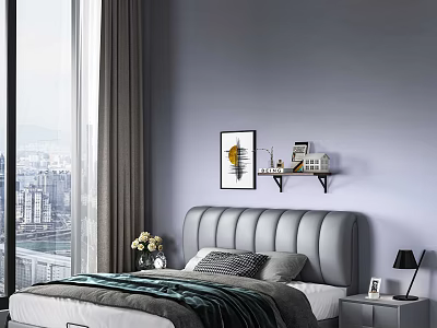 Modern Double Bed with Tufted Headboard and City View Window Nightstand Lamp and Wall Art 3d model