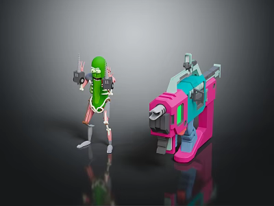 Green Pickle Character and Robot Figure with Mechanical Arms Standing on Reflective Surface 3d model