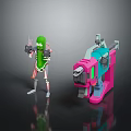 Green Pickle Character and Robot Figure with Mechanical Arms Standing on Reflective Surface