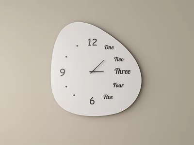 Irregular Shaped White Clock With Dial Featuring Numbers And English Words On Beige Wall 3d model