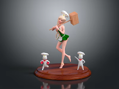 Game Movie Character in White Chef Hat Green Outfit Holding Wooden Hammer With Small Figures on Wooden Base 3d model