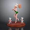 Game Movie Character in White Chef Hat Green Outfit Holding Wooden Hammer With Small Figures on Wooden Base