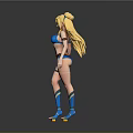 Stylish Woman With Blonde Hair Wearing Blue Bikini Blue Stockings And Sandals On Gray Background