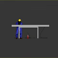 Man wearing blue uniform with yellow safety helmet welding metal frame near red welding machine