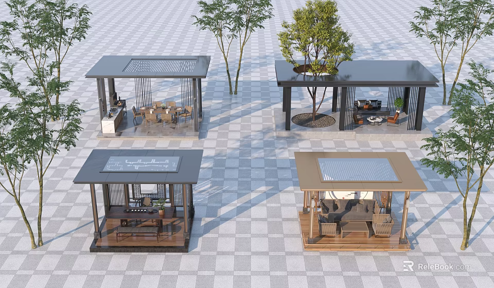 Outdoor Pavilions With Various Designs Surrounding Trees And Checkerboard Floor Tiles 3d model 