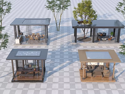 Outdoor Pavilions With Various Designs Surrounding Trees And Checkerboard Floor Tiles 3d model