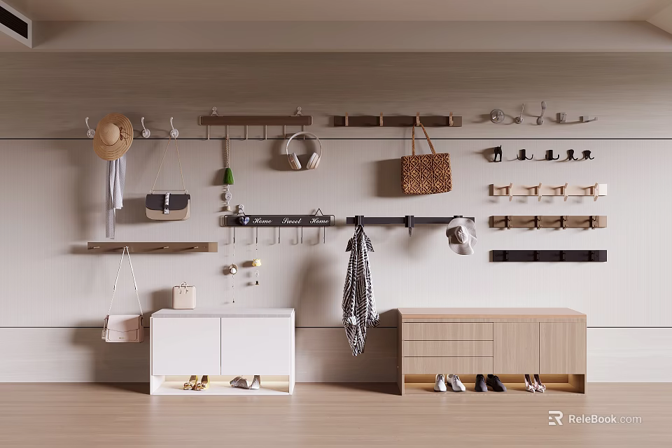 Hooks In Wall Mounted Home Storage With Bags Hats Shoes 3d model 