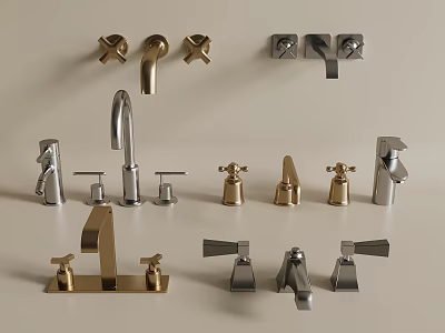 Various Styles Of Gold And Silver Faucets Displayed With Diverse Designs 3d model