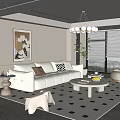 Modern Living Room Interior With White Sofa Checkered Rug Chandelier Decorative Artwork And Coffee Table