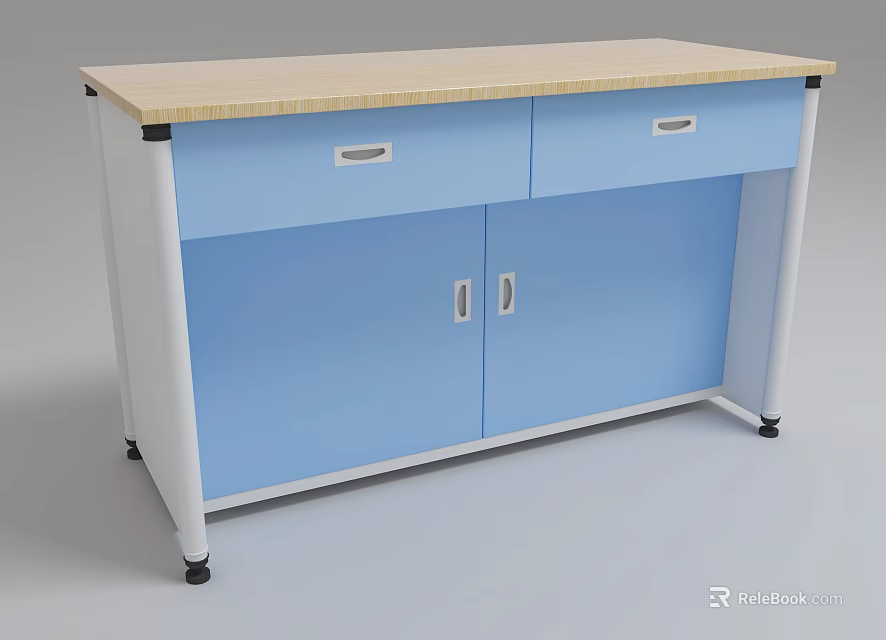 Lab Workbench With Light Countertop Blue Drawers White Cabinets And Metal Frame 3d model 