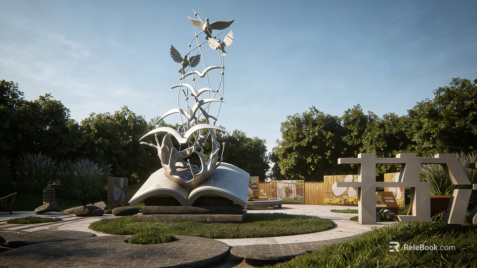 Open Book Shaped Landscape Sculpture With Metal Birds And Green Park Setting 3d model 