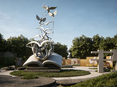 Open Book Shaped Landscape Sculpture With Metal Birds And Green Park Setting 3d model