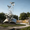 Open Book Shaped Landscape Sculpture With Metal Birds And Green Park Setting