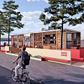 Wooden Pavilion With Red Benches Trees And People Resting In Open Space