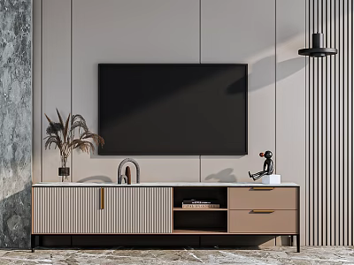 Elegant Modern TV Stand With Wall Mounted TV Potted Plant And Decorative Figurine 3d model