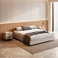 Modern Double Bed Bedroom Interior With Wooden Headboard White Nightstands Gray Blanket And Pillows