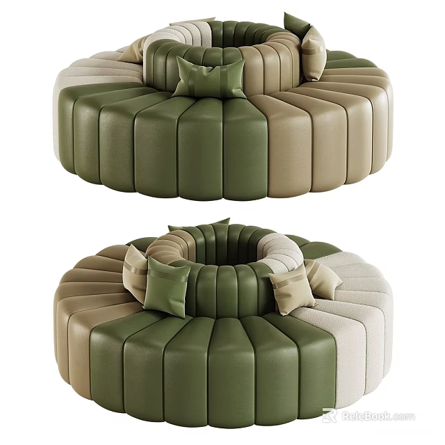 Round Multi Person Sofa Featuring Green Beige Light Brown Upholstery And Cushions 3d model 