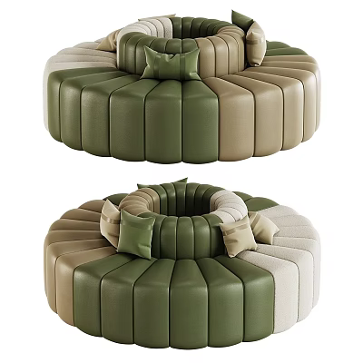 Round Multi Person Sofa Featuring Green Beige Light Brown Upholstery And Cushions 3d model