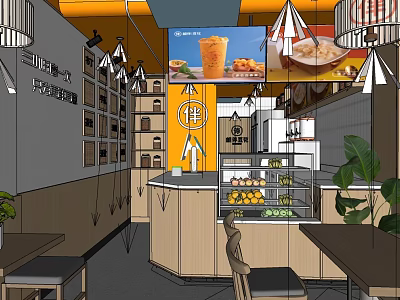 Bright Yellow Ceiling Bubble Tea Shop With Hanging Lights Counter Display Case And TV 3d model